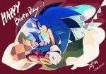  1boy animal_ears animal_nose blue_fur chili_dog closed_mouth full_body furry furry_male gloves green_eyes grin happy_birthday hedgehog_boy looking_at_viewer male_focus red_background red_ribbon ribbon ring_(sonic) short_tail simple_background sitting smile solo sonic_(series) sonic_the_hedgehog tail weon1119 white_gloves 