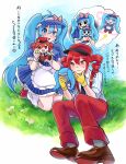 ahoge alternate_costume black_necktie blue_dress blue_hair blue_hat blue_sky blush bow brown_shoes character_doll closed_mouth collared_shirt commentary_request day dress drill_hair fang gloves hair_between_eyes hat hat_bow hatsune_miku highres image_in_thought_bubble kasane_teto kepi kneeling leg_warmers mesmerizer_(vocaloid) military_hat necktie on_grass on_ground open_mouth pants pinstripe_dress pinstripe_hat pinstripe_pattern pinstripe_socks platform_shoes red_bow red_eyes red_hair red_hat red_pants roller_skates shirt shoes short_sleeves sitting skates sky sleeves_rolled_up smiley_hat_ornament speech_bubble star-shaped_pupils star_(symbol) striped_clothes striped_shirt stuffed_toy sugarsicksugar suspenders sweat symbol-shaped_pupils translation_request twin_drills twintails utau visor_cap vocaloid white_bow white_leg_warmers yellow_gloves 