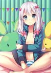  barefoot bow bow_panties breasts eromanga_sensei hair_bow indian_style izumi_sagiri jacket long_hair looking_at_viewer md5_mismatch navel open_clothes open_jacket panties pink_bow sei000 silver_hair sitting small_breasts smile solo striped striped_panties stuffed_animal stuffed_bunny stuffed_toy underwear 