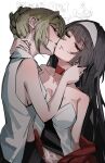  2girls astra_yao bare_arms bare_shoulders black_hair blonde_hair choker closed_eyes closed_mouth collared_shirt commentary dress evelyn_chevalier gary_(spongebob) hair_bun hairband hand_on_another&#039;s_neck highres kiss kissing_cheek long_hair mr._krabs multiple_girls parted_lips patrick_star plankton_(spongebob) red_choker sandy_cheeks shirt simple_background sleeveless sleeveless_shirt spongebob_squarepants spongebob_squarepants_(series) squidward_tentacles umoten white_background white_dress white_hairband white_shirt yuri zenless_zone_zero 