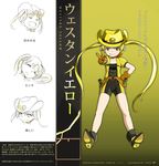  absurdres blonde_hair bodysuit brown_gloves character_name commentary_request cowboy_hat gloves gun hat highres magical_girl mahou_shoujo_western_girls original seibu_kiyo sharpffffff shoes short_hair_with_long_locks short_sleeves smile translation_request v weapon yellow_eyes yellow_hat 