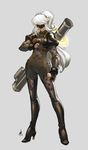  blindfold bodysuit boots borrowed_character dogbomber gloves gold_trim high_heels long_hair nier_(series) nier_automata original ponytail puffy_sleeves rocket_launcher sean_ng smile solo thigh_boots thighhighs weapon white_hair 
