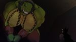  anthro batman batman_(series) big_breasts breasts chain clothing duo female fracshun handcuffs huge_breasts lizard male muscular nipples reptile scalie shackles smile teeth torn_clothing 