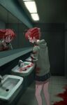  1girl ahoge aruminsuko black_eyes black_skirt blood blood_on_clothes blood_on_face blood_on_ground blood_on_hands blush commentary_request drill_hair faucet feet_out_of_frame from_side green_sweater hair_between_eyes hood hooded_sweater indoors kasane_teto miniskirt mirror open_mouth pleated_skirt reflection restroom sink skirt solo standing sweater tears twin_drills utau water 
