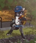  anthro backpack bench blue_eyes blush briefs child clothing cub harmarist hat male mammal navel open_mouth penis penis_base public raccoon solo standing underwear undressing young 