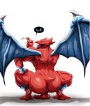 2025 2_horns 4_fingers absurd_res anthro back_muscles backsack balls big_butt blue_wings bodily_fluids bouncing_butt butt capcom claws crouching demon demon&#039;s_crest drooling eggplant_emoji fellatio_gesture finger_claws fingers firebrand gargoyle&#039;s_quest genitals gesture ghosts_&#039;n_goblins hand_on_leg hand_on_thigh hi_res horn humanoid_genitalia humanoid_penis looking_at_viewer looking_back male motion_lines muscular muscular_thighs no_pupils penis perineum raised_hand rear_view red_balls red_body red_horn red_penis red_perineum red_scales saliva saliva_string scales simple_background smile solo suggestive suggestive_gesture teastuff thick_thighs toe_claws tongue tongue_out vein veiny_penis white_background white_claws white_eyes wing_claws wings