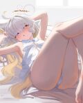  1girl :o ahoge armpits arms_up ass aurelia_(mockingeu) bed_sheet blonde_hair blue_eyes blush breasts collared_shirt colored_inner_hair commentary english_commentary english_text feet_out_of_frame good_morning hair_over_eyes hand_in_own_hair heterochromia highres long_hair looking_at_viewer lying mockingeu multicolored_hair on_back original panties shirt small_breasts solo underwear very_long_hair white_hair white_panties white_shirt yellow_eyes 