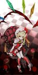  absurdres ascot bangs blonde_hair blurry checkered checkered_floor choker closed_mouth commentary_request crystal depth_of_field flandre_scarlet frilled_shirt_collar frills from_above full_body hat hat_ribbon highres kneehighs looking_at_viewer looking_up mob_cap pale_skin pointy_ears puffy_short_sleeves puffy_sleeves red_eyes red_ribbon red_skirt red_vest ribbon short_sleeves side_ponytail sitting skirt skirt_set smile solo striped striped_legwear touhou vest wings wrist_cuffs yutapon 