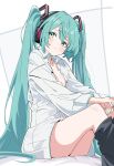  1girl absurdres aqua_eyes aqua_hair aqua_nails blush breasts cleavage collared_shirt double-parted_bangs feet_out_of_frame fingernails frown hatsune_miku highres hutaba_haru long_hair long_sleeves looking_at_viewer nail_polish shirt sitting small_sweatdrop solo twintails very_long_hair vocaloid white_background white_shirt 