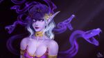  1girl bare_shoulders breasts circlet cleavage colored_skin commentary dark_elf elf grey_hair highres lady_vashj long_eyebrows medium_breasts miya_rrr neck_ribbon night_elf_(warcraft) pointy_ears purple_eyes purple_lips purple_skin ribbon shade signature smile snake solo spirit upper_body warcraft world_of_warcraft 