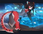  2017 anthro ara black_fur black_hair black_nose blue_eyes butt cat clothed clothing detailed_background f-r95 feline female fur hair mammal red_fur solo white_fur 