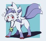 aliasing alternate_version_at_source blush blush_lines claws digital_media_(artwork) dusk_lycanroc enoko_mitsugashira female feral generation_7_pokemon implied_transformation jewelry lycanroc multi_tail necklace nintendo oagoner open_mouth pokemon pokemon_(species) red_claws red_eyes simple_background solo tail touhou