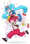  2girls :d ^_^ apron artist_name back_bow blue_dress blue_hair blue_hat blue_shirt blush_stickers bow bright_pupils brown_shoes buttons closed_eyes commentary_request confetti cross-shaped_pupils double-breasted dress drill_hair frilled_apron frills full_body gloves grey_socks hair_between_eyes hand_up hat hatsune_miku kasane_teto kneehighs long_hair mesmerizer_(vocaloid) multiple_girls nejikyuu open_mouth pants pinstripe_dress pinstripe_pattern puffy_short_sleeves puffy_sleeves red_eyes red_hair red_hat red_pants red_shoes roller_skates running shirt shoes short_sleeves simple_background skates smile smiley_hat_ornament socks striped_clothes striped_shirt suspenders symbol-shaped_pupils twin_drills twintails two-tone_bow two-tone_shirt vertical-striped_clothes vertical-striped_shirt very_long_hair visor_cap vocaloid waist_apron white_apron white_background white_bow white_pupils white_shirt white_socks wristband yellow_gloves 