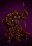  2011 anthro areola armor benji_(character) bulge cape clothing clouded_leopard feline green_eyes helmet hyper hyper_muscles mainlion male mammal melee_weapon muscular muscular_male nipples polearm solo spartan spear underwear vein veiny_muscles weapon 