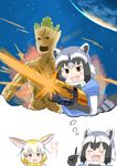  2girls :d absurdres animal_ears aramori_susumu black_bow black_eyes black_hair blonde_hair blush bow brown_hair closed_eyes commentary_request common_raccoon_(kemono_friends) crossover fang fennec_(kemono_friends) firing fox_ears fur_collar grey_hair groot guardians_of_the_galaxy gun highres holding holding_gun holding_weapon imagining index_finger_raised kemono_friends looking_at_another multicolored_hair multiple_girls open_mouth planet puffy_short_sleeves puffy_sleeves raccoon_ears raccoon_tail short_sleeves smile space striped_tail tail thought_bubble translated v-shaped_eyebrows weapon white_background white_hair yellow_bow 