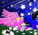  ambiguous/ambiguous ambiguous_gender armor blue_body boots clothing curved_horn feathered_wings feathers flying footwear galacta_knight horn kirby_(series) kissing mask membranous_wings meta_knight nintendo not_furry pauldron pink_body shooting_star sitting starscape touka_(artist) video_games waddling_head wings 