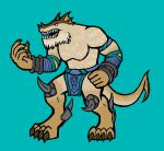 2024 4_toes 5_fingers anthro armor blue_background bottomwear brown_body canid canine clothing digitigrade feet final_fantasy final_fantasy_xii fingers full-length_portrait hi_res loincloth male mammal mythological_canine mythological_creature mythology open_mouth portrait sharp_teeth simple_background snarkysardine solo square_enix standing teeth three-quarter_view toes werecanid werecanine werecreature werewolf