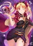  ;) absurdres ass_visible_through_thighs black_dress black_panties blonde_hair blush breasts cape closed_mouth commentary cowboy_shot dress earrings ereshkigal_(fate/grand_order) fate/grand_order fate_(series) gold_trim hair_ribbon highres jewelry long_hair looking_at_viewer medium_breasts okitakung one_eye_closed panties red_cape red_eyes red_ribbon ribbon short_dress skull smile solo strapless strapless_dress tiara tsurime tube_dress two_side_up underwear 