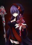  bags_under_eyes breasts cloak commentary crystal dark_persona empty_eyes eyebrows_visible_through_hair fingernails frills highres holding holding_staff hood inyuppo large_breasts pale_skin patchouli_knowledge purple_eyes purple_hair sharp_fingernails staff thighhighs touhou 