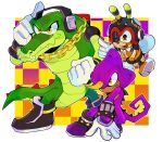  3boys bee_wings black_boots boots chain chameleon_boy chameleon_tail charmy_bee colored_skin crocodilian_tail espio_the_chameleon furry gloves goggles goggles_on_headwear gold_chain headphones highres infinithiez insect_wings multiple_boys one_eye_closed purple_boots purple_skin sonic_(series) tail vector_the_crocodile white_gloves wings yellow_eyes 