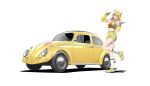  1girl absurdres amoemo autobot belt blue_belt blue_eyes bumblebee_(kotobukiya_bishoujo)_(transformers) bumblebee_(transformers) car cropped_hoodie double_v english_commentary full_body genderswap genderswap_(mtf) gloves grey_gloves grey_leg_warmers grey_shirt highres hood hoodie horned_hood horns humanization kotobukiya_bishoujo leg_warmers motor_vehicle open_mouth orange_hair shadow shirt shoes short_hair shorts simple_background sleeveless sleeveless_hoodie smile standing standing_on_one_leg transformers tube_socks v vehicle_focus volkswagen volkswagen_beetle white_background yellow_car yellow_hoodie yellow_shoes yellow_shorts 