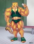  2011 anthro areola bulge cheetah clothed clothing feline green_eyes growth josh_(character) locker_room mainlion male mammal muscle_growth muscular muscular_male nipples partially_clothed pills solo torn_clothing 