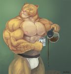  2011 anthro areola beverage blue_eyes bulge clothed clothing coffee feline herc_the_liger hybrid liger lion mainlion male mammal muscular muscular_male nipples oblivious partially_clothed solo tiger underwear 