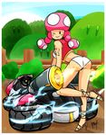  absurdres bush commentary fence go_kart high_heels highres i_am_jemboy leg_up mario_kart_8 one_eye_closed race_queen smile solo tattoo toadette vest 