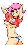  breasts crop_top doubutsu_no_mori flower highres i_am_jemboy panties pink_hair red_shirt shirt solo striped striped_panties underboob underwear villager_(doubutsu_no_mori) 