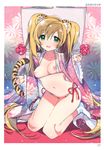  :d absurdres animal_ears bikini blonde_hair breast_slip breasts eyebrows_visible_through_hair frill_trim green_eyes hair_between_eyes highres japanese_clothes kasuga_souichi kimono kneeling long_hair looking_at_viewer medium_breasts micro_bikini navel nipples open_clothes open_kimono open_mouth side-tie_bikini smile solo sparkle string_bikini swimsuit tabi tail tiger_ears tiger_tail toranoana twintails very_long_hair white_bikini 