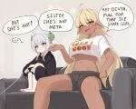  ... 2girls ahoge barefoot black_shorts blonde_hair blush breasts closed_mouth commentary controller couch crop_top crop_top_overhang cropped_shirt damilola_(mockingeu) dark-skinned_female dark_skin divya_(mockingeu) double_bun english_commentary english_text facial_mark game_controller gradient_hair green_hair hair_between_eyes hair_bun highres holding holding_controller holding_game_controller long_hair mockingeu multicolored_hair multiple_girls navel open_mouth original pointy_ears shirt short_hair_with_long_locks short_shorts shorts sitting speech_bubble spoken_ellipsis stomach underboob very_long_hair white_hair white_shirt yellow_eyes 