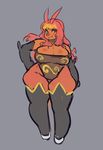  anthro big_breasts breasts cleavage clothed clothing emboar female grey_background hair liveforthefunk nintendo pok&eacute;mon red_hair simple_background slightly_chubby solo standing thick_thighs tusks video_games wide_hips 