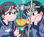  2boys aqua_background black-framed_eyewear black_eyes black_hair blue_jacket bunsen_burner chemistry closed_mouth fire flask glasses head_rest highres jacket looking_at_object male_focus multiple_boys onoconokoko0625 original round-bottom_flask semi-rimless_eyewear short_hair smile steam thermometer 