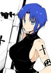  absurdres blue_eyes blue_hair breasts ciel cross gloves harukon_(halcon) highres holding holding_weapon large_breasts looking_at_viewer powerd_ciel seventh_holy_scripture shirt short_hair sideboob sidelocks sleeveless sleeveless_shirt smile solo tattoo tsukihime upper_body weapon white_background 