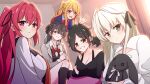  5girls :/ arms_under_breasts ashley_graves bent_over black_socks blonde_hair bra_strap breasts cleavage cleavage_cutout clothing_cutout commentary crossover curtains english_commentary grey_jacket grin hair_ribbon highres hoshino_ruby jacket kasugano_sora kneehighs large_breasts multiple_crossover multiple_girls naruse_mio one_side_up open_mouth oshi_no_ko ponytail pout ribbon school_uniform serafuku shinmai_maou_no_testament sitting smile snkagawa socks star-shaped_pupils star_(symbol) stuffed_animal stuffed_rabbit stuffed_toy suou_yuki symbol-shaped_pupils the_coffin_of_andy_and_leyley tokidoki_bosotto_roshia-go_de_dereru_tonari_no_alya-san trait_connection waving yosuga_no_sora youtou_high_school_uniform 