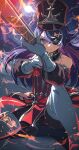  1girl aiming antique_firearm chevreuse_(genshin_impact) detached_sleeves dress eyepatch fire full_moon genshin_impact gloves gold_trim gun hat highres long_hair moon multicolored_hair musket night night_sky on_one_knee pointy_hair puffy_detached_sleeves puffy_sleeves purple_eyes purple_hair red_dress serious shako_cap shibuki_kamone sky solo streaked_hair thighhighs weapon white_gloves white_thighhighs 