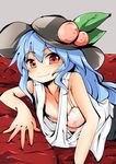  alternate_costume blue_hair blush bra breasts contemporary food food_on_head fruit fruit_on_head hat hinanawi_tenshi komojino-u leaf long_hair looking_at_viewer lounging medium_breasts object_on_head peach red_eyes solo tank_top touhou underwear wavy_mouth 