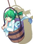  bangs blunt_bangs blush bow bucket closed_mouth eyebrows_visible_through_hair green_eyes green_hair hair_bobbles hair_ornament hand_on_own_cheek in_bucket in_container japanese_clothes kimono kisume koxo-01 long_sleeves short_hair silhouette smile solo tareme touhou two_side_up white_bow white_kimono wide_sleeves wooden_bucket 
