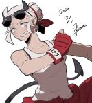  1girl 25_kimera black_horns blind blush commentary_request demon_girl demon_horns demon_tail gloves grey_eyes hair_bun helltaker highres horns justice_(helltaker) red_gloves smile solo sweat tail tank_top teeth toned toned_female white_hair white_tank_top 
