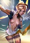  black_legwear blonde_hair breasts emblem foreshortening gloves glowing glowing_wings gradient gradient_background green_eyes high_ponytail highres holding holding_staff lips long_hair looking_at_viewer mechanical_halo mechanical_wings medium_breasts mercy_(overwatch) navel nipples no_panties nose open_clothes outstretched_hand overwatch paid_reward patreon_reward pussy realistic spread_wings staff wings yellow_wings zumi_(zumidraws) 