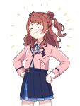  1girl blazer blue_overskirt blue_ribbon blue_skirt blush brown_hair brown_jacket closed_eyes commentary_request doyagao gakuen_idolmaster hanami_saki hatsuboshi_gakuen_school_uniform highres idolmaster jacket long_hair long_sleeves neck_ribbon pleated_skirt ribbon school_uniform shirt skirt smile smug solo two_side_up white_shirt yuyuyu_maru000 