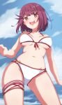  1girl atelier_(series) atelier_sophie blue_sky breasts cloud collarbone highres looking_at_viewer open_mouth sky smile sophie_neuenmuller swimsuit thigh_strap thighs yanu 