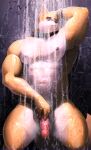 abs anthro bathroom canid canine canis cooper_krager fur genitals half-length_portrait hi_res jewelry male mammal muscular muscular_anthro muscular_male necklace nipples pecs penis portrait presenting presenting_penis remember_the_flowers scar shower simple_background solo the_wandering_jake vein veiny_penis wet wolf yellow_body yellow_fur
