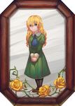  blonde_hair blue_eyes christon-clivef dress flower frame full_body green_dress hands_together highres ib long_hair mary_(ib) painting_(object) pantyhose rose smile solo standing thorns 