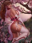  1girl arm_guards ass back bare_shoulders breasts brown_eyes brown_hair cherry_blossoms choker commentary dead_or_alive elbow_sleeve flower from_side grass kasumi_(doa) large_breasts long_hair looking_at_viewer ninja panties pelvic_curtain ponytail red_lips ribbon shin_guards shurakrgt side-tie_panties sideboob smile thighhighs thighs tree underwear white_footwear white_legwear yellow_ribbon 