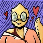 1:1 alphys anthro big_breasts blue_background blush bodily_fluids bra breasts buckteeth cleavage clothed clothing digital_media_(artwork) eyewear female glasses heart_symbol hi_res lizard looking_at_viewer manitka non-mammal_breasts off_shoulder orange_clothing orange_shirt orange_topwear red_bra red_clothing red_underwear reptile round_glasses scales scalie shirt simple_background smile solo sparkles sparkling_eyes spikes spikes_(anatomy) sweat tail tail_ridge teeth topwear undertale undertale_(series) underwear wearing_glasses yellow_body yellow_scales
