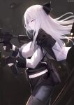  1girl ak-12 ak-12_(girls&#039;_frontline) assault_rifle black_gloves black_pantyhose black_ribbon black_shorts braid breasts closed_mouth commentary_request commission floating_hair girls&#039;_frontline gloves gun hair_ribbon highres holding holding_gun holding_weapon kalashnikov_rifle long_hair long_sleeves looking_at_viewer medium_breasts midriff name_connection navel nekoya_(liu) object_namesake pantyhose pantyhose_under_shorts partially_fingerless_gloves ribbon rifle shirt shorts signature solo very_long_hair weapon white_hair white_shirt 