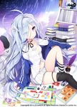  :o ahoge black_legwear black_ribbon blue_eyes blue_hair board_game book book_stack byulzzimon commentary controller copyright_name doughnut eyebrows_visible_through_hair eyes_visible_through_hair food game_controller hair_over_one_eye heterochromia ink_bottle jacket kneehighs long_hair miniskirt mismatched_legwear monopoly navel neck_ribbon official_art open_mouth open_track_jacket pleated_skirt purple_eyes quill red_bull ribbon single_kneehigh single_thighhigh sitting skirt striped striped_legwear thighhighs thighs unleashed very_long_hair watermark white_legwear white_skirt 