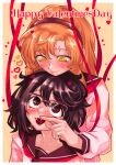  2girls aygoftenover black_hair black_sailor_collar blush border brown_background feeding glasses happy_valentine heart highres koishikawa_iko long_sleeves momijiyama_teru multiple_girls neckerchief orange_eyes red_neckerchief sailor_collar semi-rimless_eyewear shirt short_hair shy_(series) smile sweat white_border white_shirt yuri 
