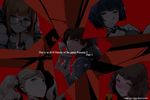  black_hair blonde_hair blue_eyes blush brown_hair choker commentary condom_wrapper headphones hews_hack jacket jewelry kawakami_sadayo mask multiple_girls necklace niijima_makoto persona persona_5 red_eyes sakura_futaba scarf shoulder_pads shoulder_spikes spikes takamaki_anne takemi_tae text_focus 